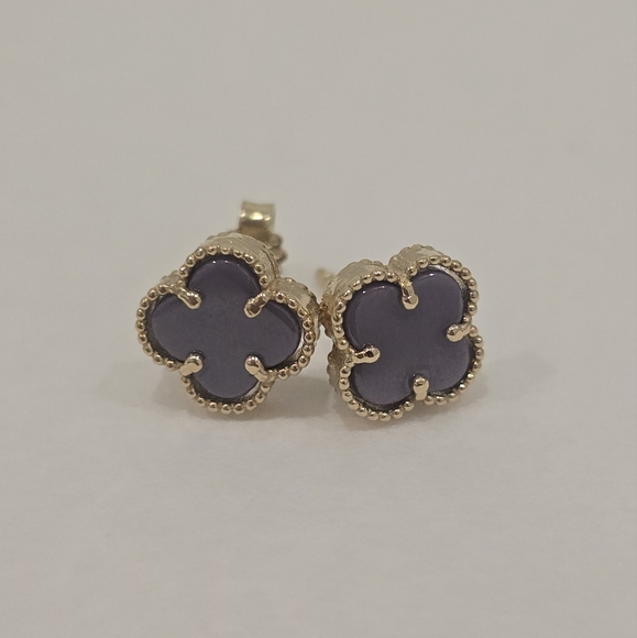 14k Solid Yellow Gold Clover Stud Earrings - Picture 1 of 15